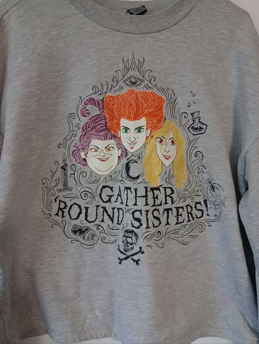 Disney Hocus Pocus Junior Womens Gray Witch Sweatshirt size L(11-13)